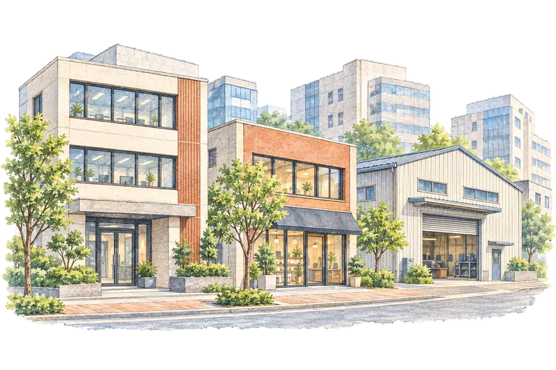 地域のオフィス・店舗・工場を描いた手描きイラスト