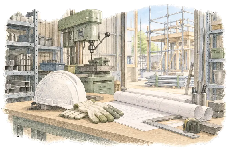 安全帽と作業台、足場のある現場