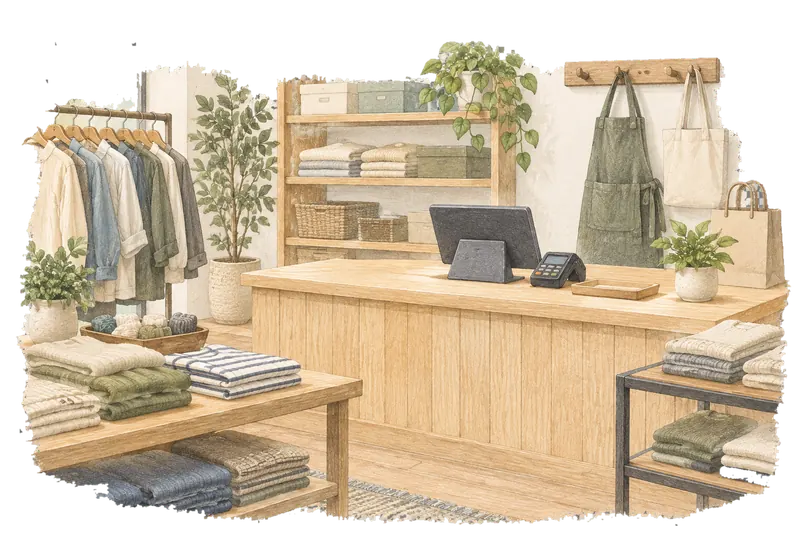 レジカウンターと商品棚のある店舗