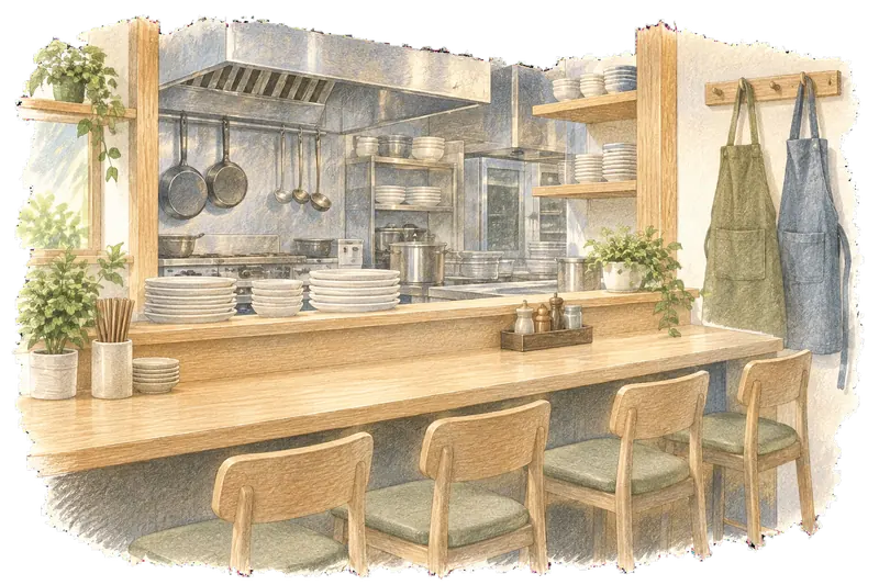 調理台とエプロンのある飲食店