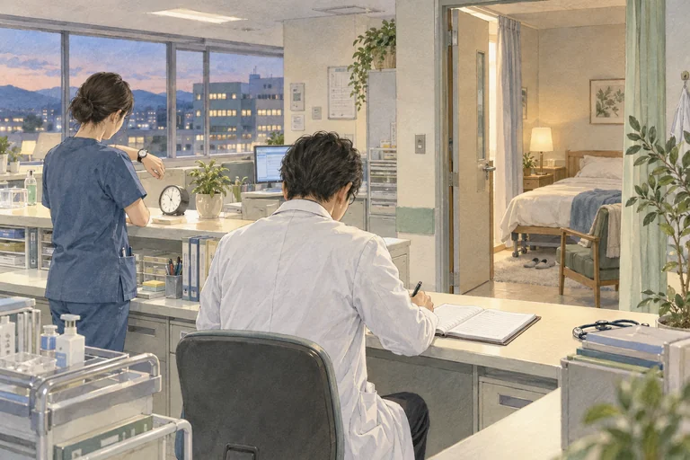 夜間の医療業務と宿直時の休息場所を示す院内の場面