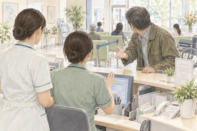 受付職員に管理者が加わり、患者からの申し出に組織で対応する場面