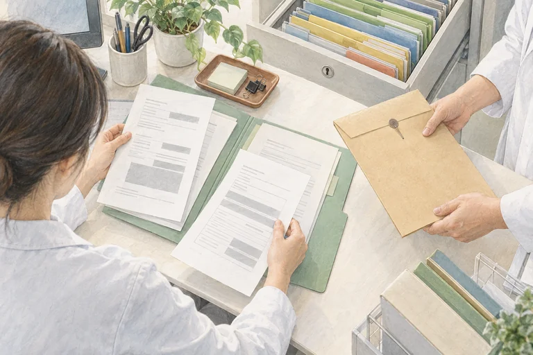 開示する記録と第三者の情報を確認して書類を準備する場面