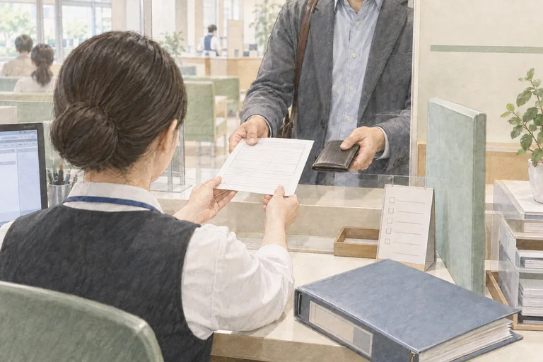 病院の窓口で開示請求書と本人確認の資料を受け付ける場面