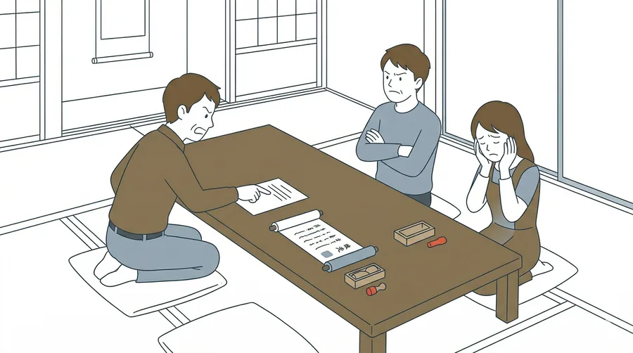 広島で相続の不安を抱える家族のイラスト