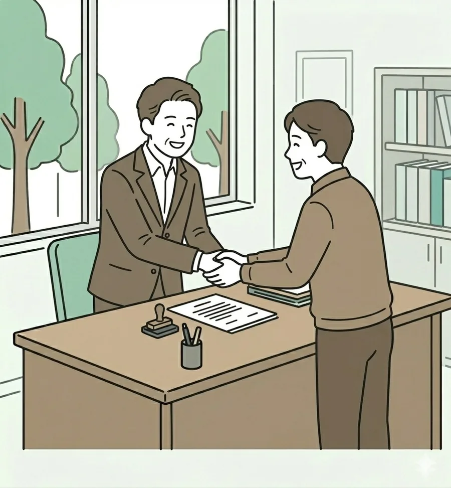 広島の弁護士と握手する依頼者のイラスト