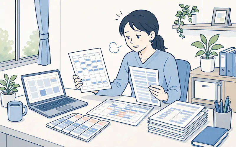 給与明細と勤務記録から未払い残業代を整理する様子