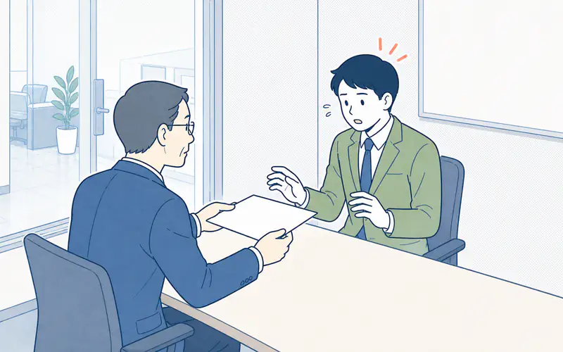 解雇の通知書を受け取り、その場で内容を確認している場面