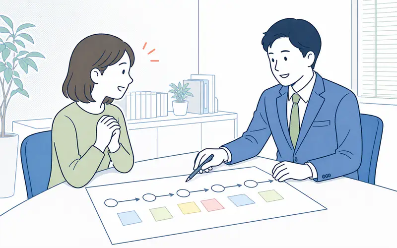 出来事を時系列で整理しながら相談を受ける様子