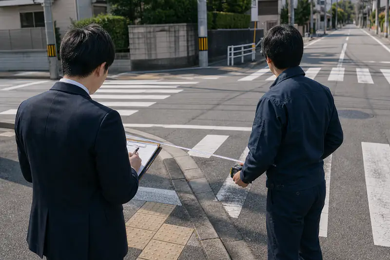 交差点の現場を確認する場面