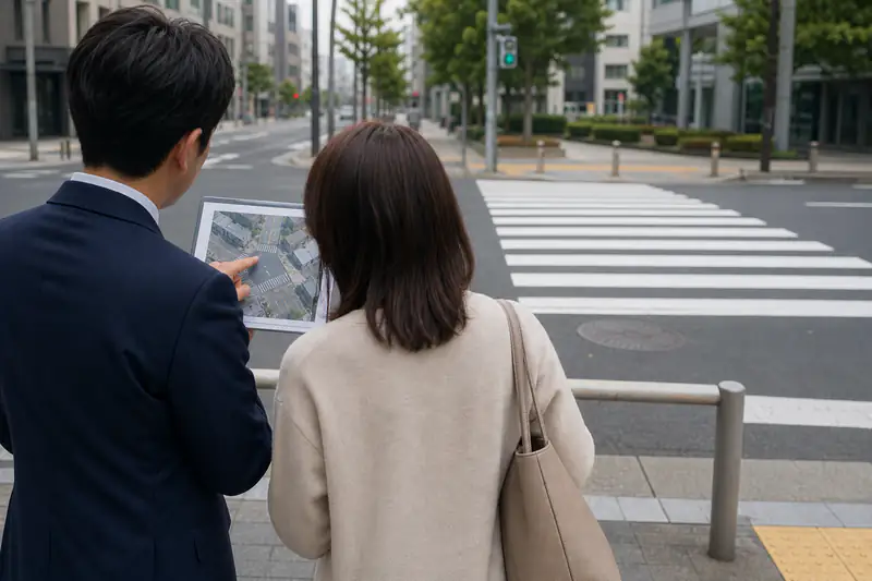 歩行者事故の現場と経路を確認する場面